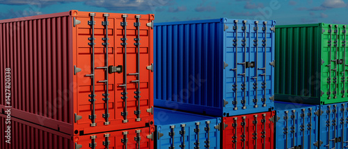 Obraz na płótnie A row of blue, red, and green shipping containers w salonie