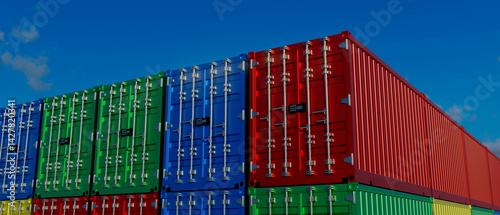 A row of shipping containers with different colors stacked on top of each other
