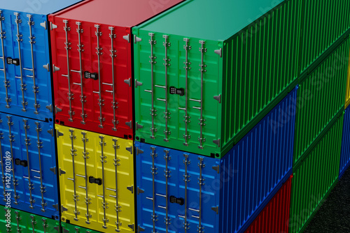 Obraz na płótnie A stack of shipping containers with the colors red, blue, yellow, and green w salonie