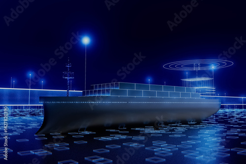 Obraz na płótnie A cargo ship with shipping containers is shown in a blue and white color scheme w salonie