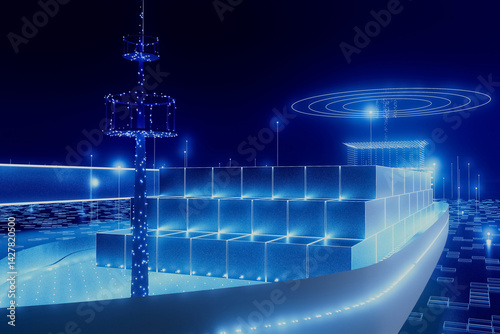 A cargo ship with shipping containers is shown in a blue and white color scheme