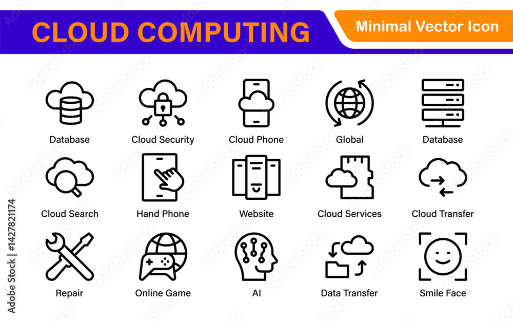 Cloud Computing and Quantum Technology Icon Set – Vector, Outline, Minimal, Line, Illustration – AI, Data Science, Blockchain, Cybersecurity, Neural Network