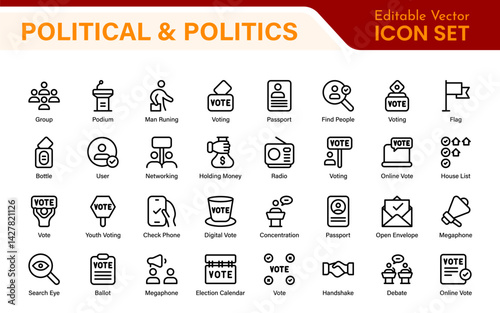Politics Icon Set. A comprehensive collection of icons representing political themes, perfect for enhancing campaign materials, educational resources, and civic engagement initiatives.