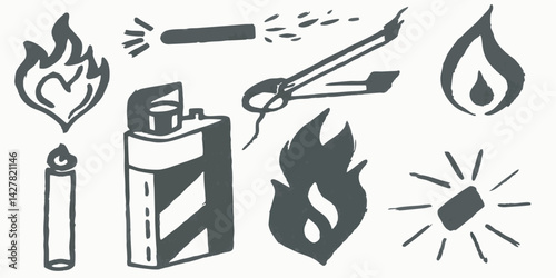 Hand drawn fire sources vector illustration including flames matches and lighters