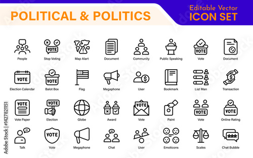 Politics Icon Set. A comprehensive collection of icons representing political themes, perfect for enhancing campaign materials, educational resources, and civic engagement initiatives.
