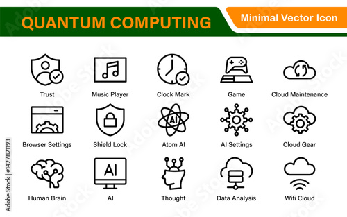 Cloud Computing and Quantum Technology Icon Set – Vector, Outline, Minimal, Line, Illustration – AI, Data Science, Blockchain, Cybersecurity, Neural Network