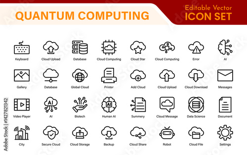Cloud Computing and Quantum Technology Icon Set – Vector, Outline, Minimal, Line, Illustration – AI, Data Science, Blockchain, Cybersecurity, Neural Network