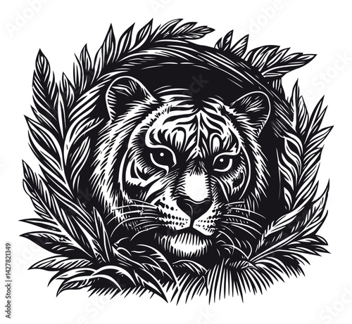 Detailed Black and White Engraving of a Tiger Among Foliage