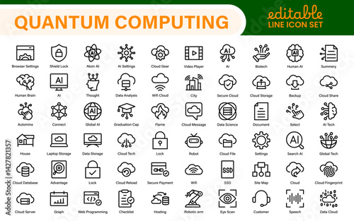 Cloud Computing and Quantum Technology Icon Set – Vector, Outline, Minimal, Line, Illustration – AI, Data Science, Blockchain, Cybersecurity, Neural Network