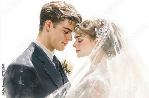 Close-up wedding photo of a couple, realistic anatomy, woman in bridal gown with veil