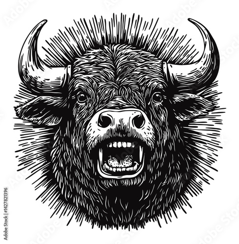Engraving of a Fierce Bull Head with Radiating Lines and Details