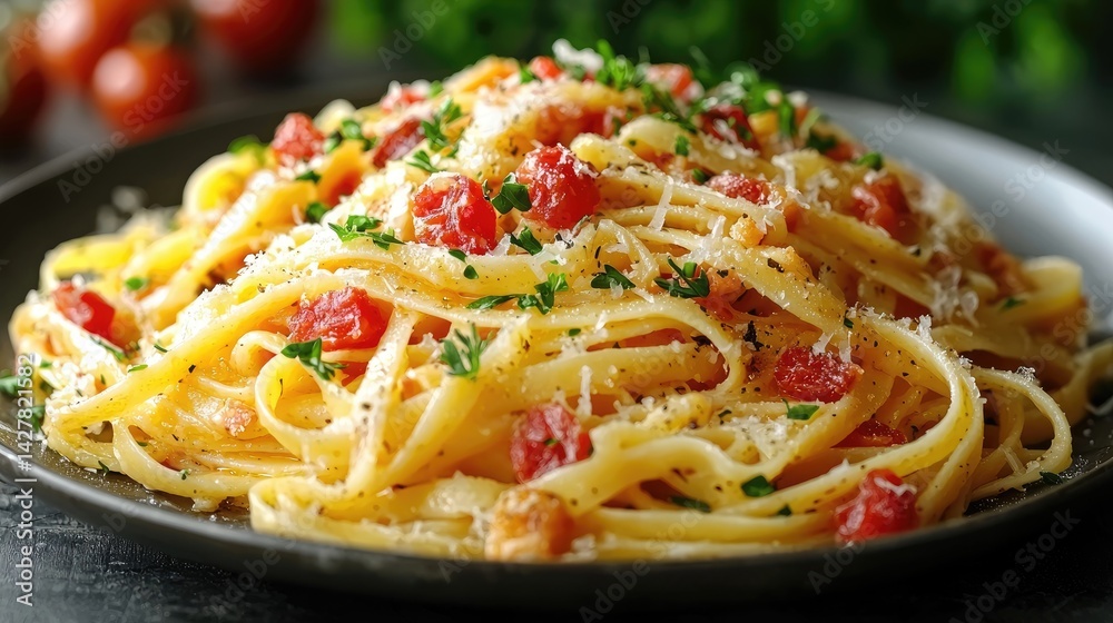 Top View of Delicious Pasta Linguine with Fried Chicken Liver on Rustic Table, Gourmet Delight Top View of Delicious Pasta Linguine with Fried Chicken Liver on Rustic Table, Gourmet Delight