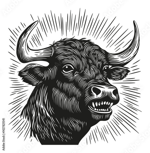 Detailed Engraving of a Bull Head with Radiating Lines