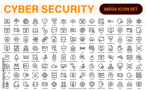 Cybersecurity Safety Icons – Secure Network, Data Protection, Firewall, Password, Hacking Prevention – Vector, Outline, Line, Minimal, Illustration