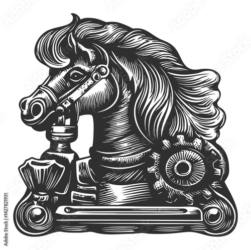 Vintage Horse Head Engraving Artwork with Mechanical Elements
