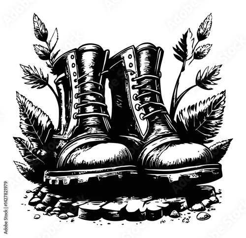 Detailed Black and White Engraving of Classic Work Boots