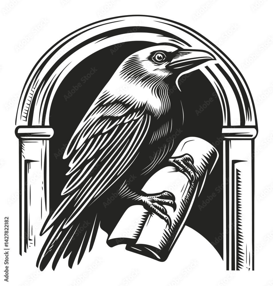 Naklejka premium Engraving of a Raven with Scroll in an Archway Illustration