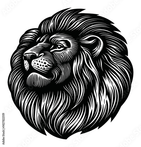 Detailed Engraving of a Lion Head in Black and White Illustration
