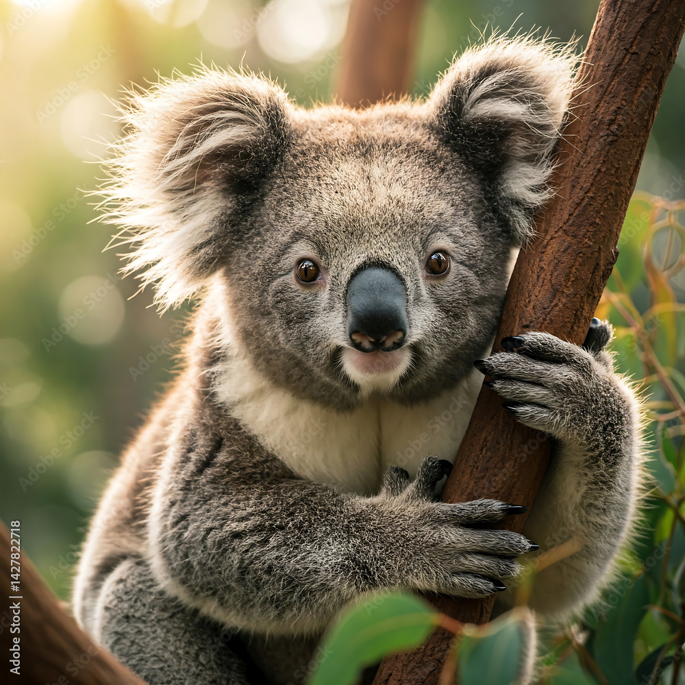 Fototapeta premium Adorable koala bear clinging to a tree branch in a natural setting looking at camera