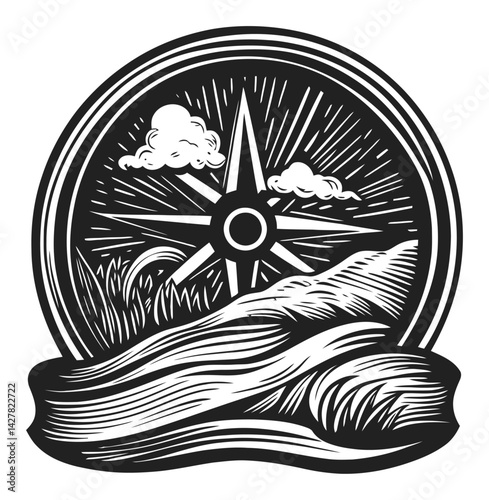 Detailed Engraving of a Compass Rose with Clouds and Waves