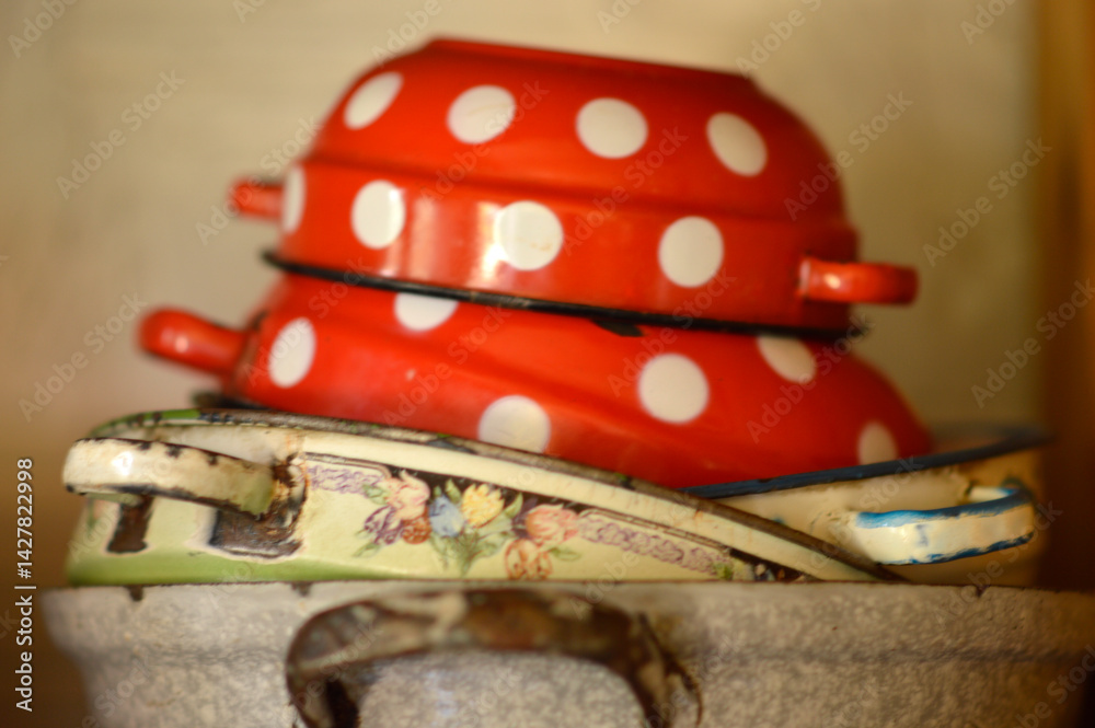 old vintage red polka dot dishes