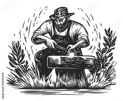 Black and White Engraving of a Craftsman Working on Metal