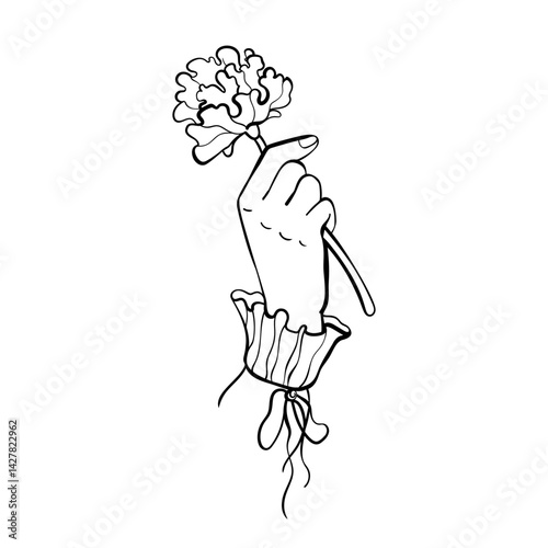 Delicate female hand in vintage ruffled sleeve gently holding flower. Minimalist doodle vector with curved outline. Ideal for feminine branding and boho design.
