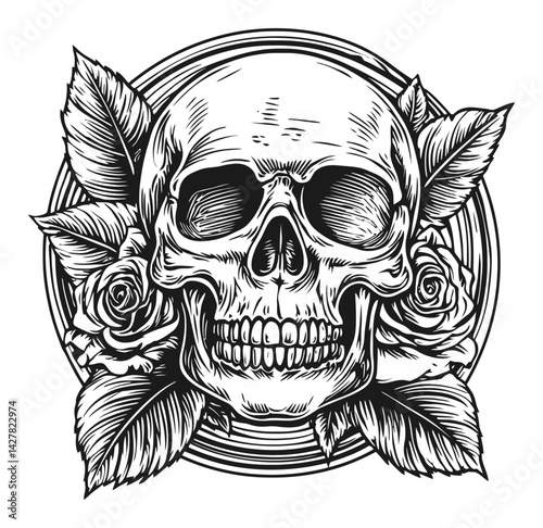 Detailed Engraving Illustration of Skull Surrounded by Roses