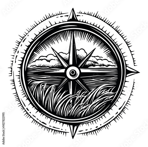 Antique Compass Design Engraving with Landscape Illustration
