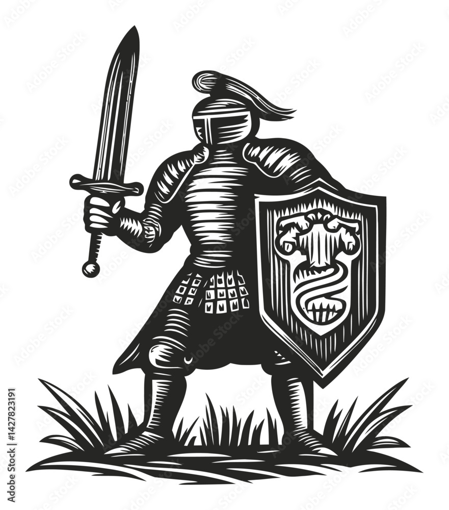 Obraz premium Detailed Engraving of a Knight Holding a Sword and Shield