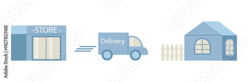 Fast delivery from store to home. Vector illustration with shop, delivery van and house. Delivery route linear icon. Web banner or flyer concept.