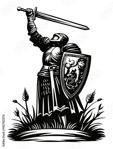 Heroic Knight Holding Sword and Shield in Dramatic Engraving Style