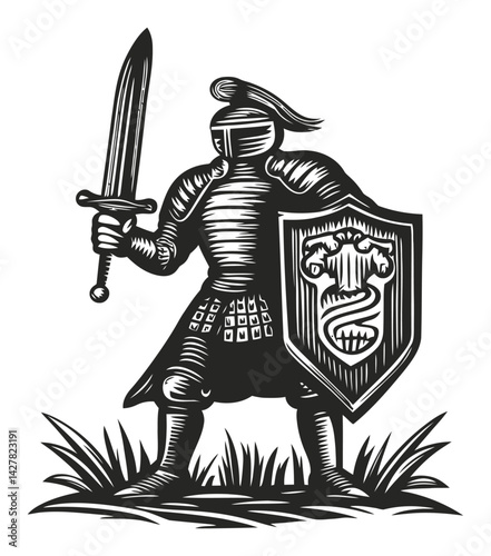 Detailed Engraving of a Knight Holding a Sword and Shield