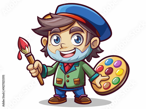 A high-quality vector illustration of a cartoon artist with a beret, messy palette, and paintbrush, looking creative, isolated on a white background