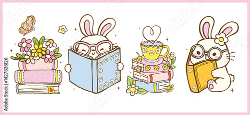 Cute Bookish Spring Animal Reading, Nerd Bunny reading book Cartoon Doodle Illustration Banner