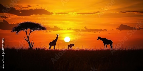 A fiery orange and yellow sunset sky with silhouettes of animals in the distance.