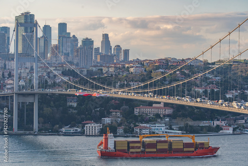 Photography Container ship passing through the Bosphorus in Istanbul