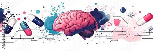 brain health and medicine research concept with pills and digital graphics