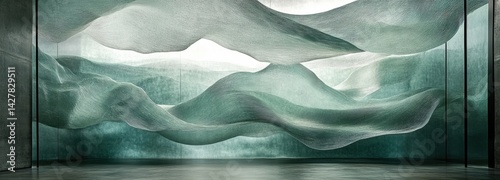 Wallpaper Mural Curved glass elements mimic the fluidity of water, elegantly integrated into a modern architectural environment. Light interacts with the surface, enhancing the dynamic appearance Torontodigital.ca