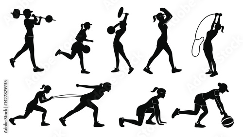 Fitness Women Silhouette Collection Exercising With Weights Running Yoga And Resistance Bands For A Healthy Lifestyle