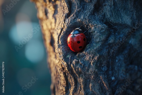 Ladybug nestled within a textured tree trunk. photo