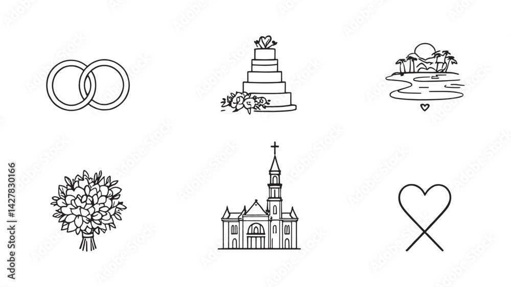 Fototapeta premium Wedding Destination Icons line art illustration elegant travel wedding symbols