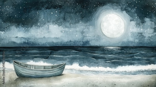 A serene night scene depicting a wooden rowboat resting on the shore
