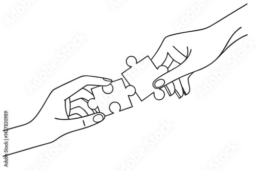 hand holding a igsaw Puzzle Pieces. Continuous Line Drawing of Hands Assembling Jigsaw Puzzle Pieces Symbolizing Teamwork, Problem Solving, and Collaboration