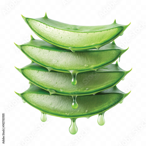 realistic aloe vera gel dripping from sliced pieces.  isolated on transparent background