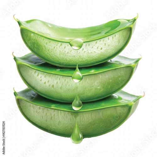 realistic aloe vera gel dripping from sliced pieces.  isolated on transparent background