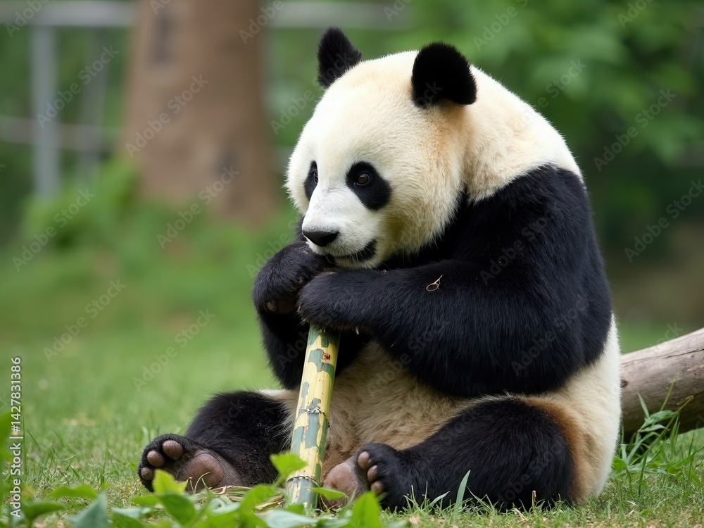 Giant panda (Ailuropoda melanoleuca) or Panda Bear. Close up of giant panda sitting and eating bamboo.