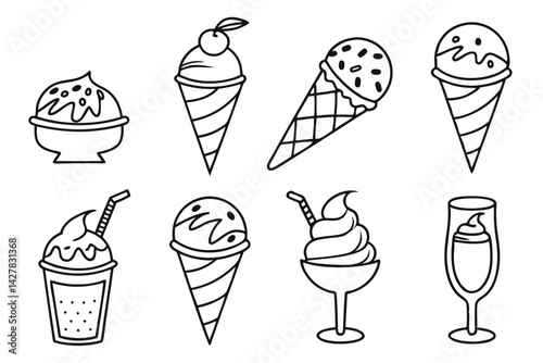 ice cream set, set of doodle with different ice cream types ice cream waffle cone, cup ice cream on white background