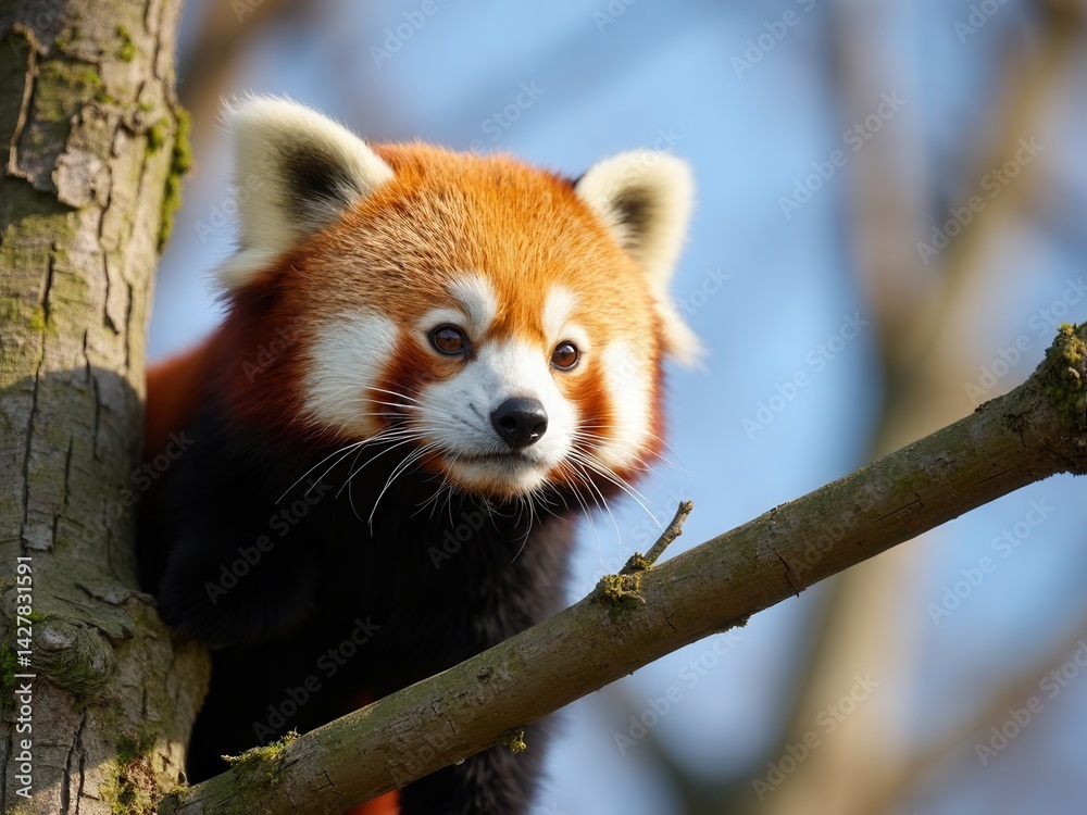 Red panda on a tree on a sunny day.
