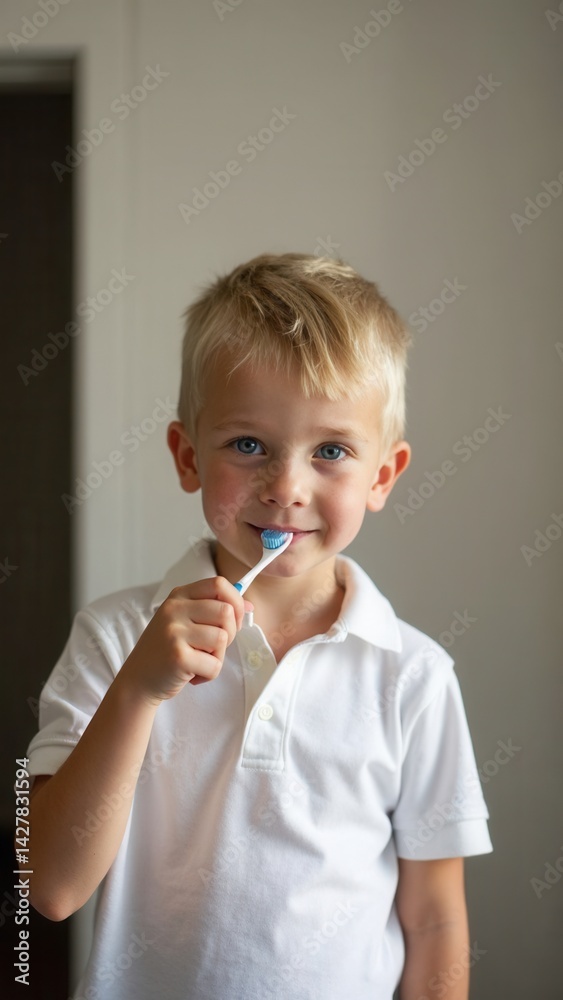 Small blue-eyed blond boy in a white polo shirt brushing his teeth with a toothbrush in the room.